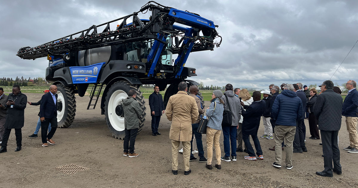 The honoured guests were welcomed to Olds and the campus before touring the Smart Farm by Todd Ormann, Vice President, Development. During the tour, they got an in-depth look at how programming and applied research activities are integrated into the Smart Farm to enhance both student-learning experiences and innovation for the agriculture industry. Their Excellencies loved their tour of Olds College, were super engaged and had lots of great questions.  “It’s so rewarding to host such an engaged audience from around the world to showcase the positive impacts our research activities, programming and work-integrated learning are having on Canada’s agriculture industry,” says Ormann. “At Olds College, we’ve created a vibrant learning ecosystem that fosters student and research success — and we’re always thrilled to showcase Western Canadian agriculture to ambassadors from around the world.”  Afterwards, the ambassadors toured the Werklund Agriculture and Technology Centre and also received a presentation on digital agriculture in the Smart Ag Innovation Centre (SAIC) by Felippe Hoffmann Silva Karp, Research Associate, Digital Agriculture, Olds College Centre for Innovation. During lunch, President Dr. Ben Cecil and Interim Board Chair Al Kemmre expressed their gratitude to Their Excellencies and honoured guests for visiting Olds College and were presented with a gift of thanks from the Ambassadors.  Thank you to Global Affairs Canada for helping gather such an engaged audience for a great day of engaging discussions and information sharing at Olds College.